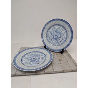 Chinese JingDeZhen Blue White Porcelain Rice Grain Dragon Dinner Plates Set 2